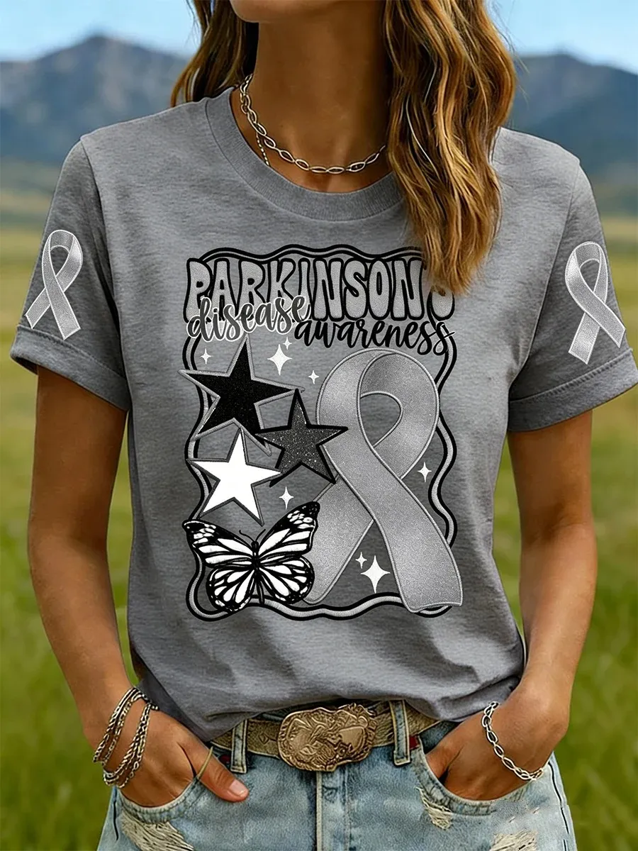 Parkinson's Disease Awareness T-Shirt Silver Ribbon Support Tee
