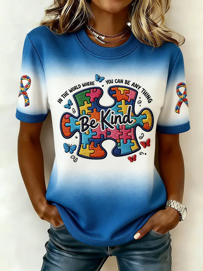 Ladies' Leisure Attention To Autism, Acceptance, Understanding, Love, Public Welfare, Printed Gradient Round Neck T-Shir