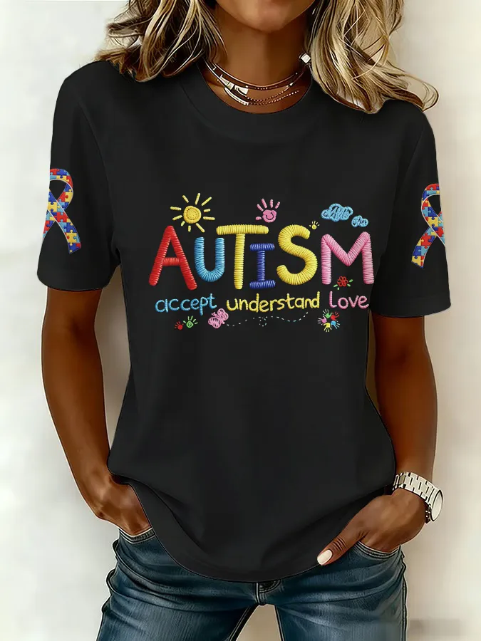 Ladies' Leisure Attention To Autism, Acceptance, Understanding, Love, Public Welfare Printed Round Neck T-Shirt Ladies'
