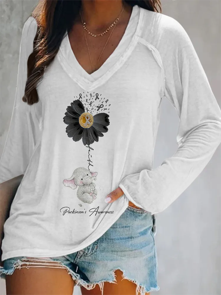 Women'S Casual Attention To Parkinson'S Syndrome Personalized Printed V-Neck Long Sleeved T-Shirt