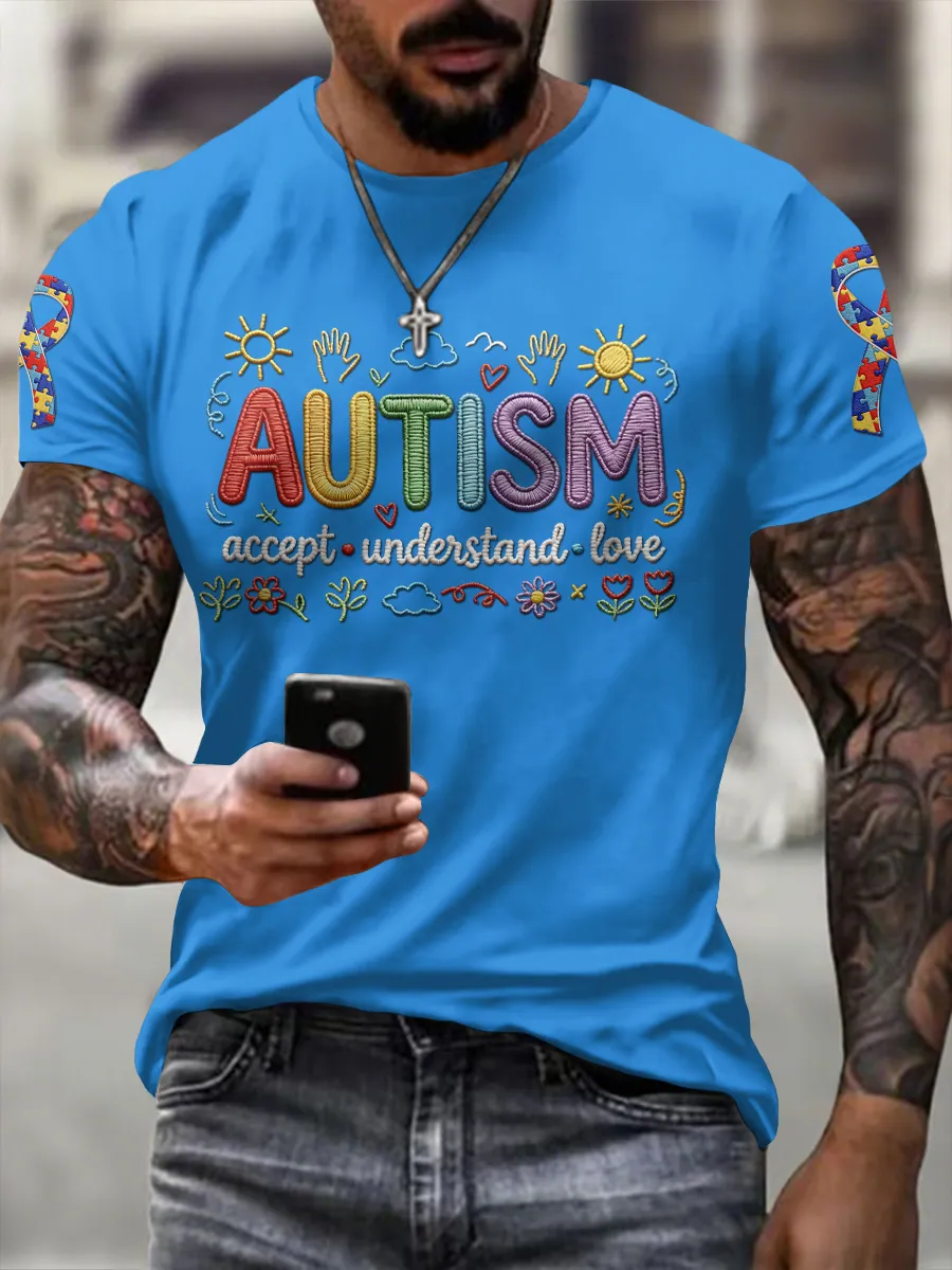 Men'S Leisure Attention Autism Reception Understanding Love Public Welfare Printed Round Neck T-Shirt
