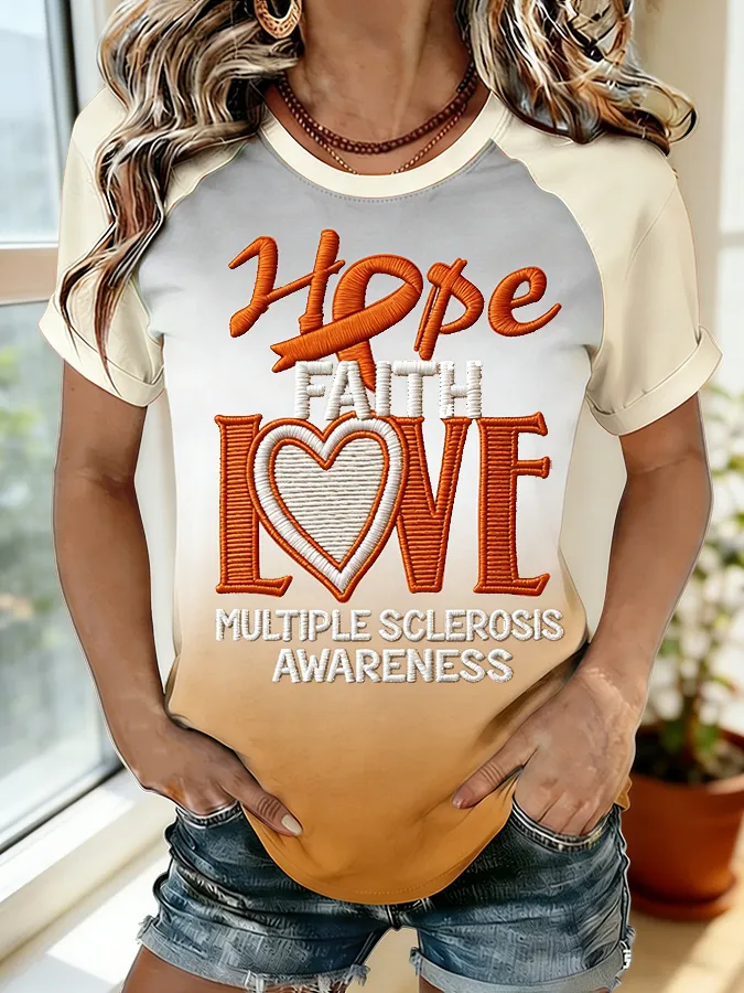 Hope Faith Love Multiple Sclerosis Awareness Embroidered Raglan T-Shirt