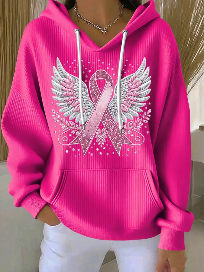 Women's Casual Pink Contrast Ribbon Wings Ribbon Cotton Hoodie