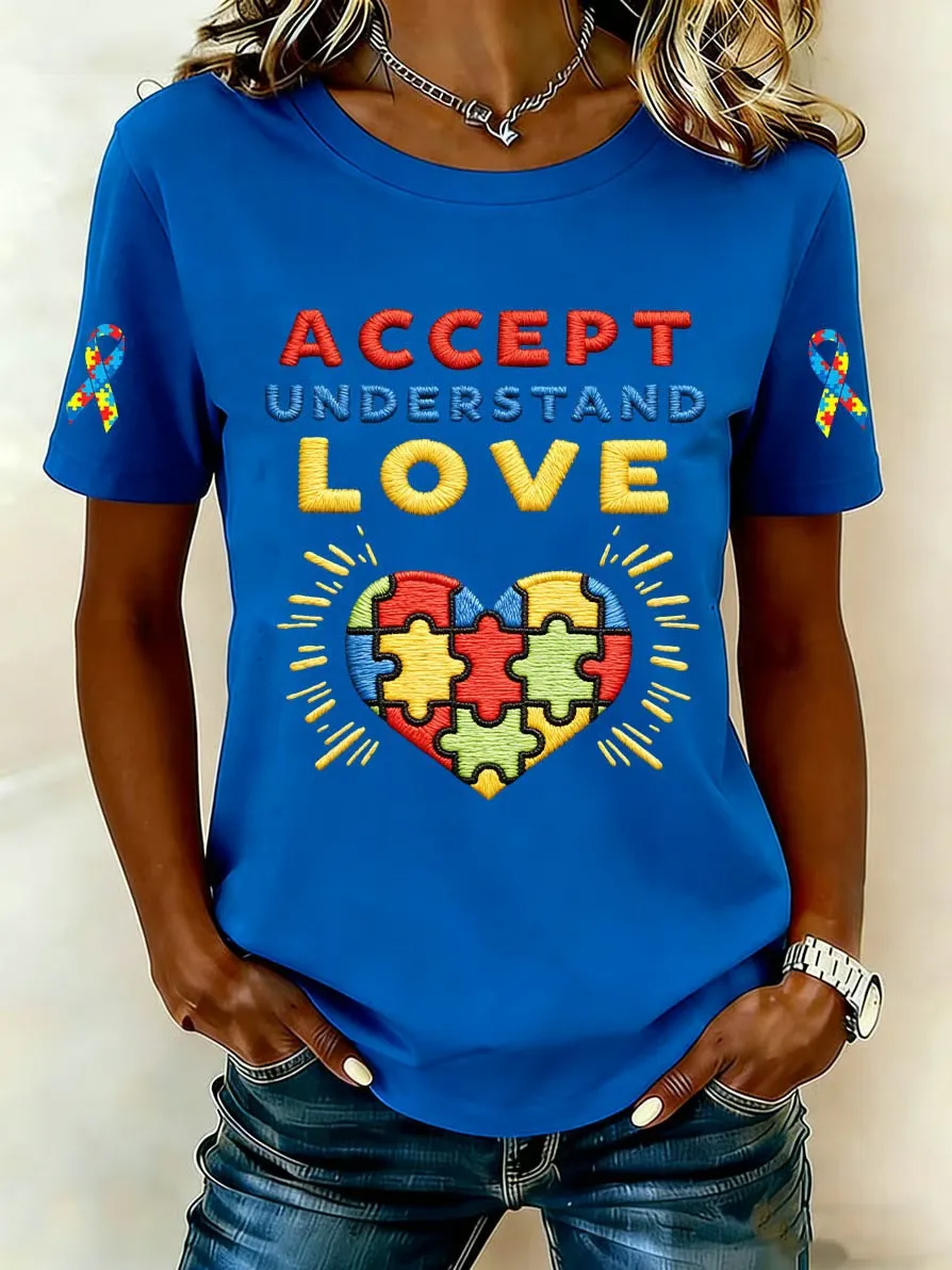 Cotton Accept Understand Love Autism Awareness T-Shirt with Puzzle Heart Design