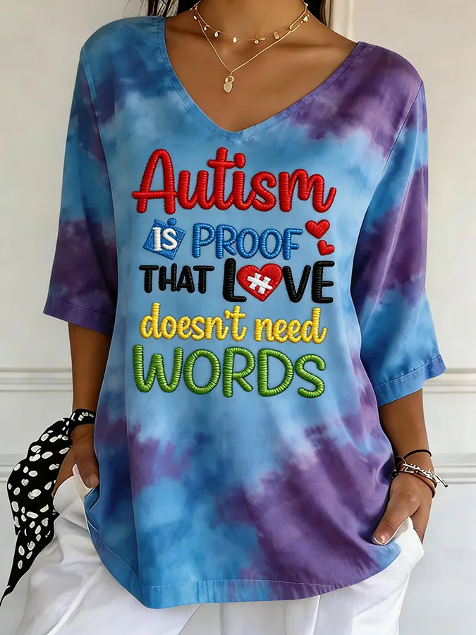Women's Autism Is Proof That Love Doesn't Need Words Embroidered V-Neck T-Shirt