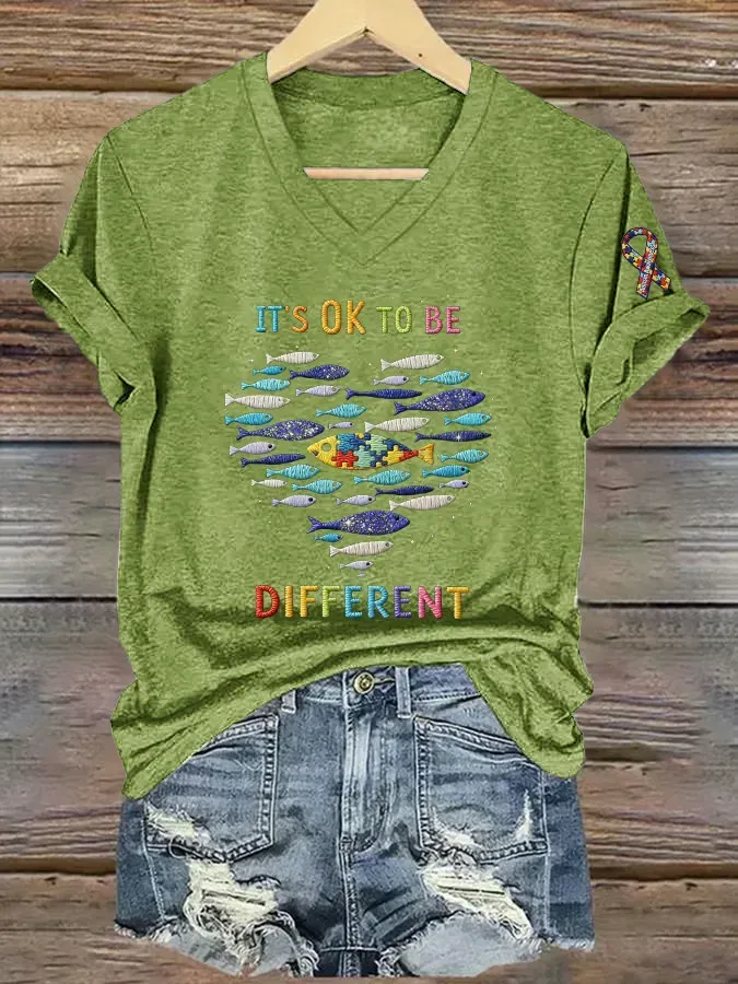 Women's Casual Autism Awareness Printed V-Neck T-Shirt