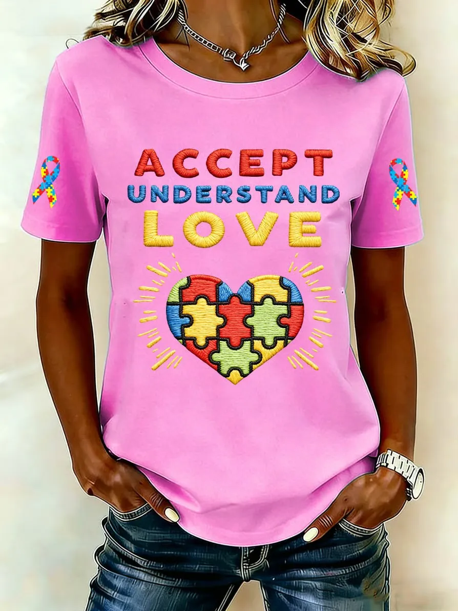 Cotton Accept Understand Love Autism Awareness T-Shirt with Puzzle Heart Design