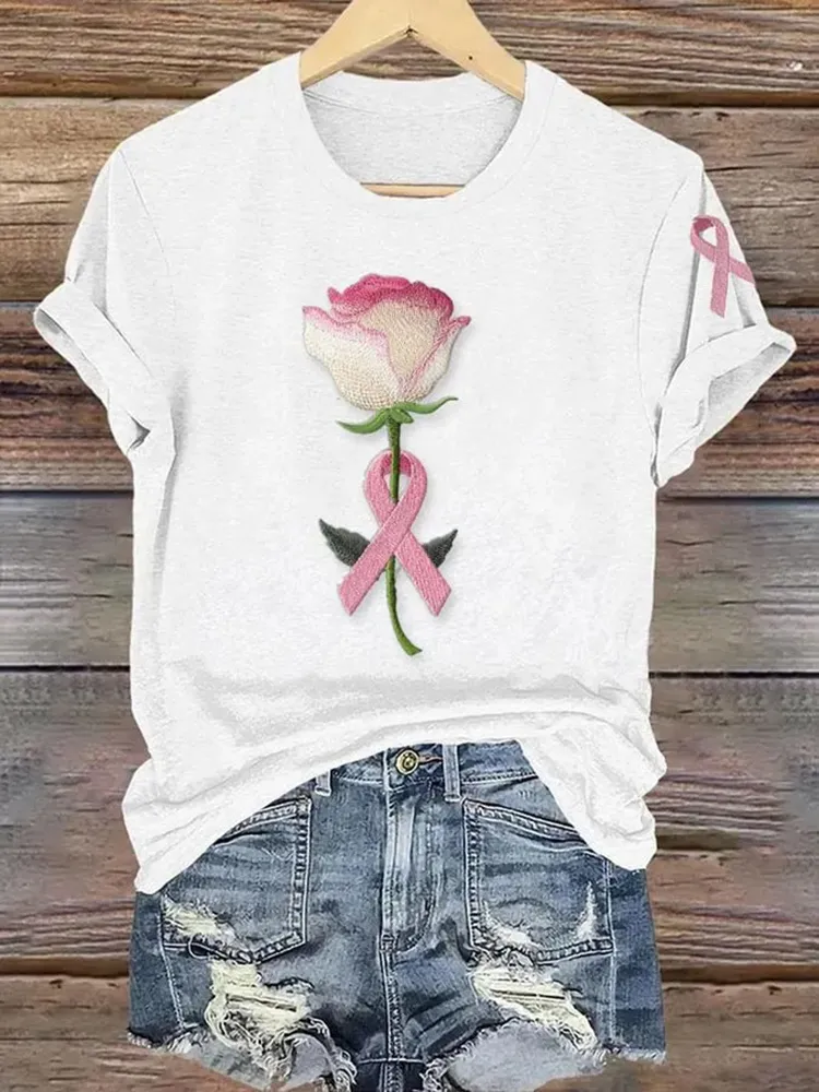 Women's Pink Breast Cancer Floral Print T-Shirt