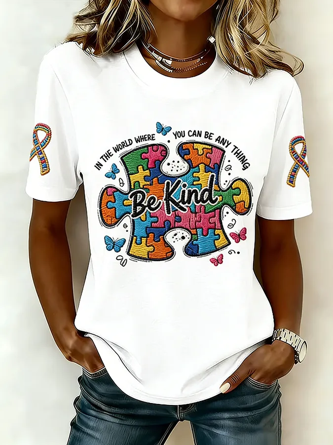 Ladies' Leisure Attention To Autism, Acceptance, Understanding, Love, Public Welfare, Printed Gradient Round Neck T-Shir