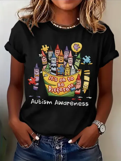Women's Casual Autism Awareness Printed Short-Sleeve T-Shirt