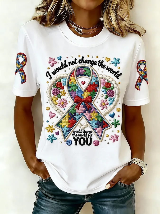 Ladies' Leisure Attention To Autism, Acceptance, Understanding, Love, Public Welfare, Printed Gradient Round Neck T-Shir
