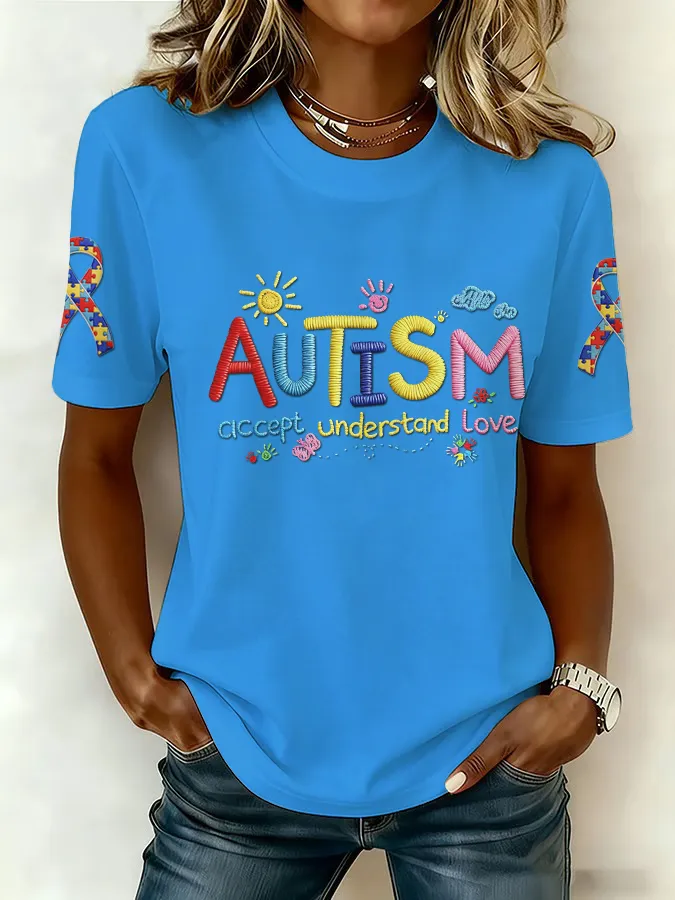 Ladies' Leisure Attention To Autism, Acceptance, Understanding, Love, Public Welfare Printed Round Neck T-Shirt Ladies'