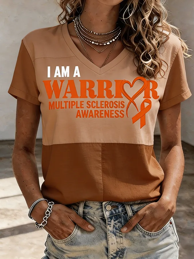 Women's I Am A Warrior Multiple Sclerosis Awareness Color Block V-Neck T-Shirt