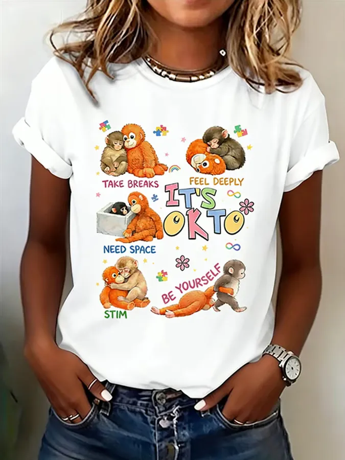 Ladies' Leisure Attention To Autism, Acceptance, Understanding, Love, Public Welfare, Printed Gradient Round Neck T-Shir