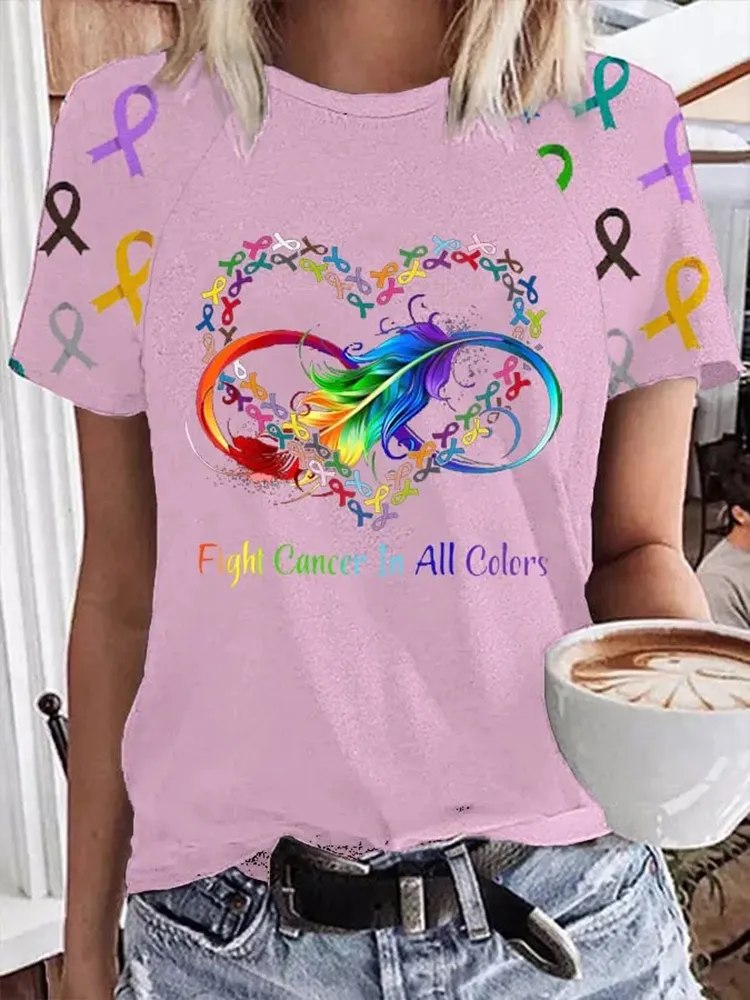 Women's Fight Cancer In All Colors Print Casual Tee Women's Fight Cancer In All Colors Print Casual Tee Women's Fight C