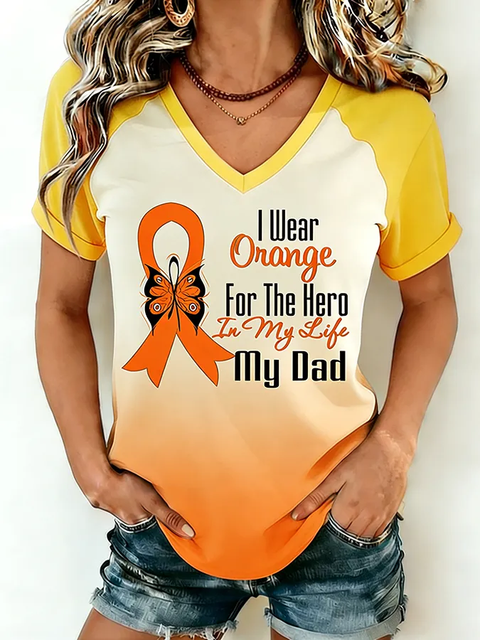 Women'S I Wear Orange For My Dad MS Awareness Butterfly Ribbon Raglan V-Neck T-Shirt