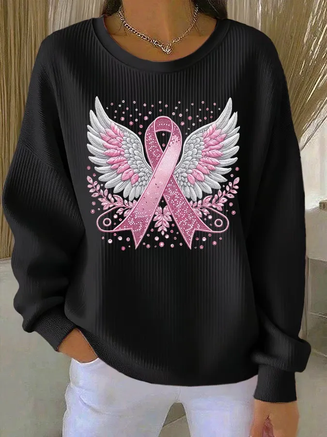 Women's Casual Pink Ribbon Wings Textured Sweatshirt