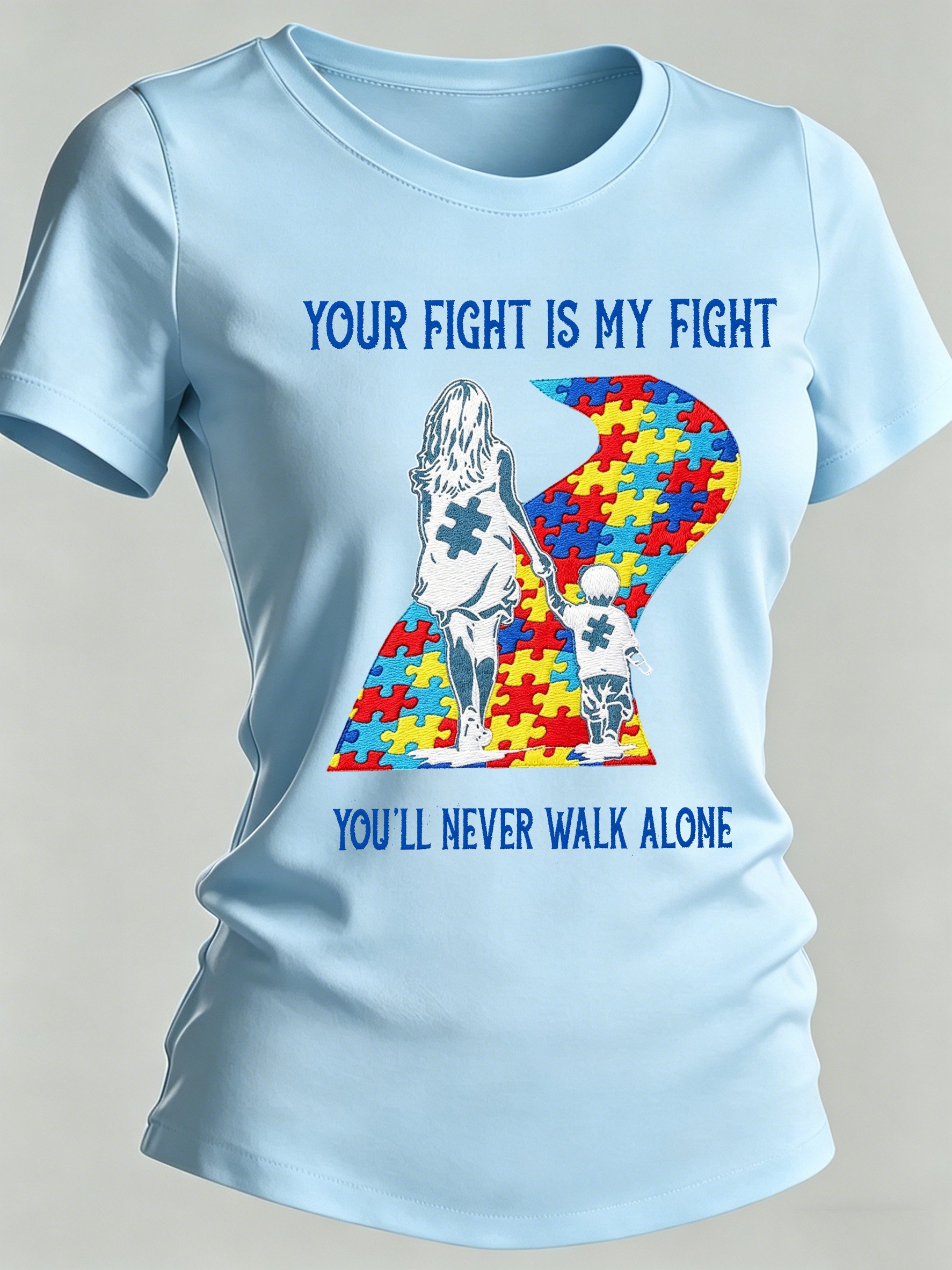 Women's Autism-Themed Printed Casual Crewneck Top