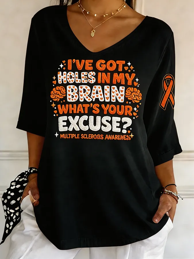 Women's Ombre V-Neck Elbow Sleeve Holes In My Brain MS Awareness T-Shirt Women's Ombre V-Neck Elbow Sleeve Holes In My