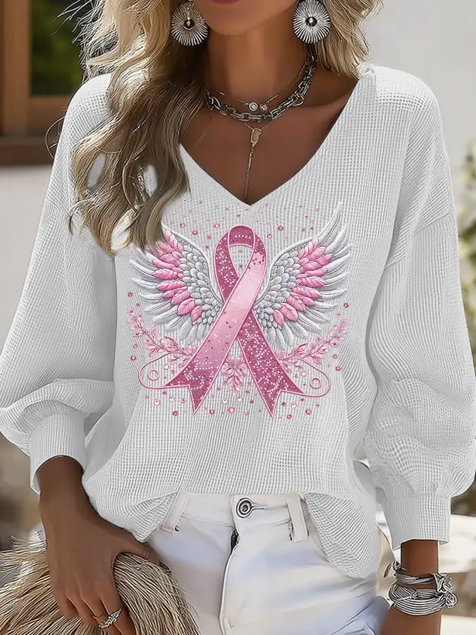 Women's Casual Pink Ribbon Wings Waffle Puff Sleeve Top
