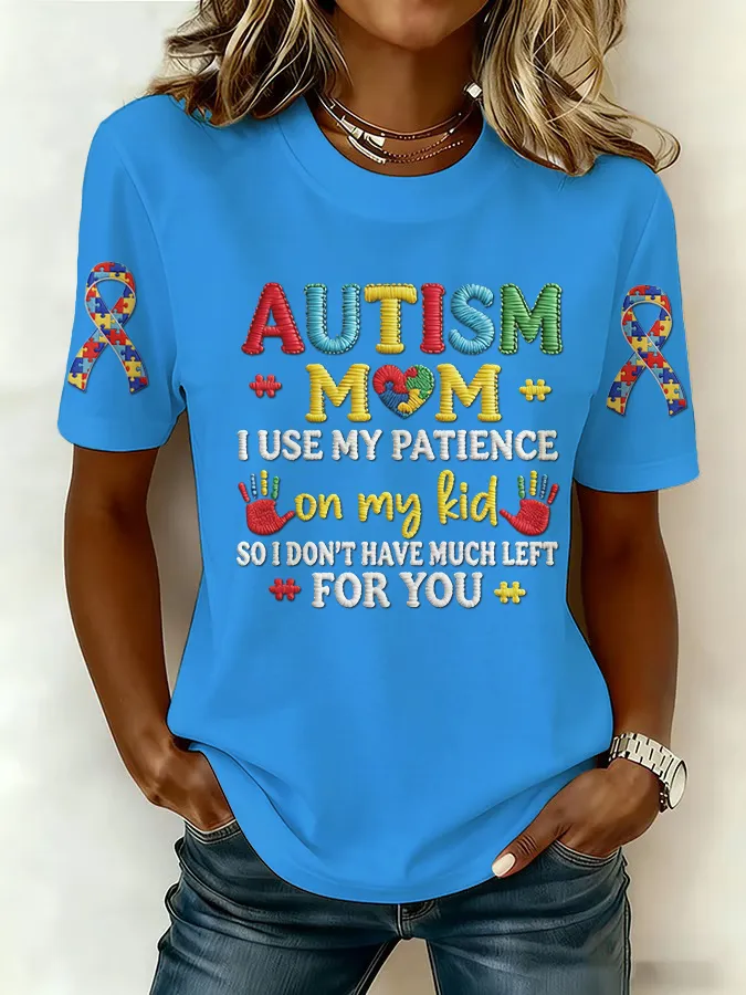 Ladies' Leisure Attention To Autism, Acceptance, Understanding, Love, Public Welfare Printed Round Neck T-Shirt