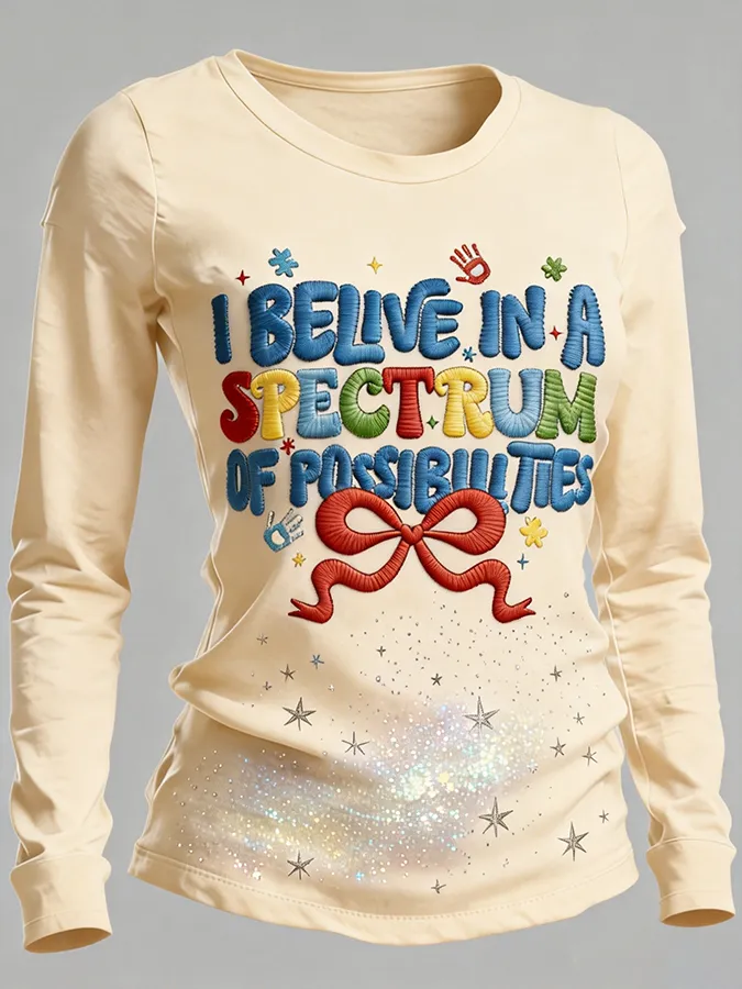 Women's I Believe In A Spectrum Of Possibilities Bow Star Embroidered Long Sleeve T-Shirt Women's I Believe In A Spectr