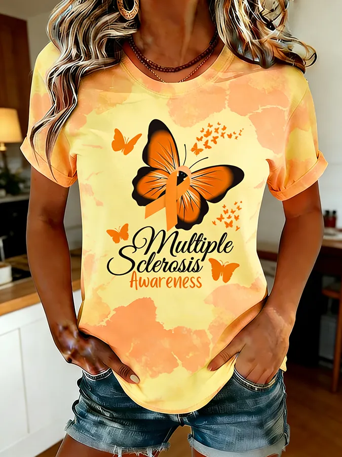 Women's Multiple Sclerosis Awareness Butterfly Ribbon Print Tie-Dye T-Shirt