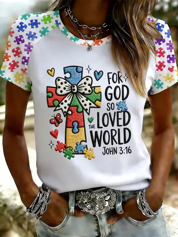 Women's For God So Loved The World Autism Awareness Print Raglan Sleeve T-Shirt