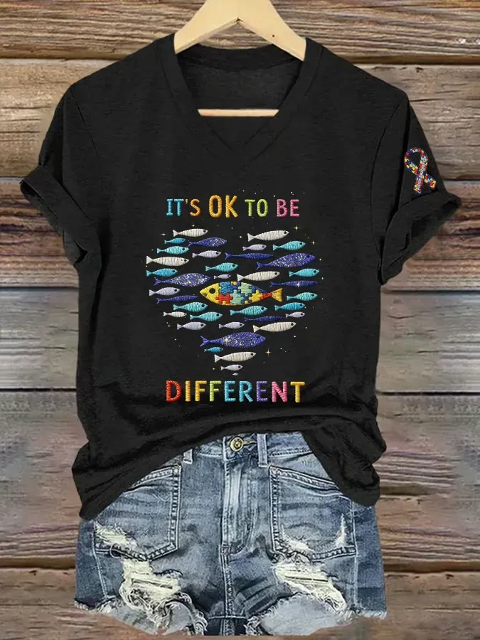 Women's Casual Autism Awareness Printed V-Neck T-Shirt