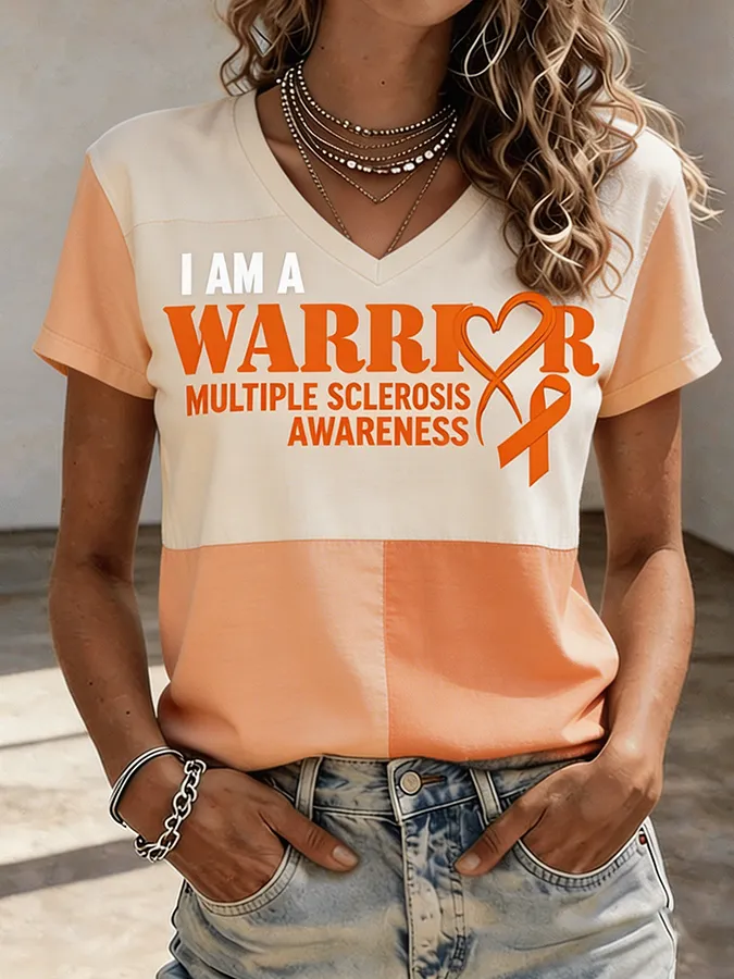 Women's I Am A Warrior Multiple Sclerosis Awareness Color Block V-Neck T-Shirt