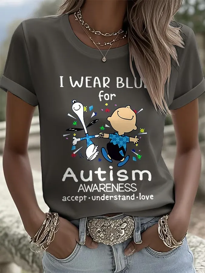 Retro Autism Awareness I Wear Blue For Autism Accept, Understand, Love Print T-Shirt