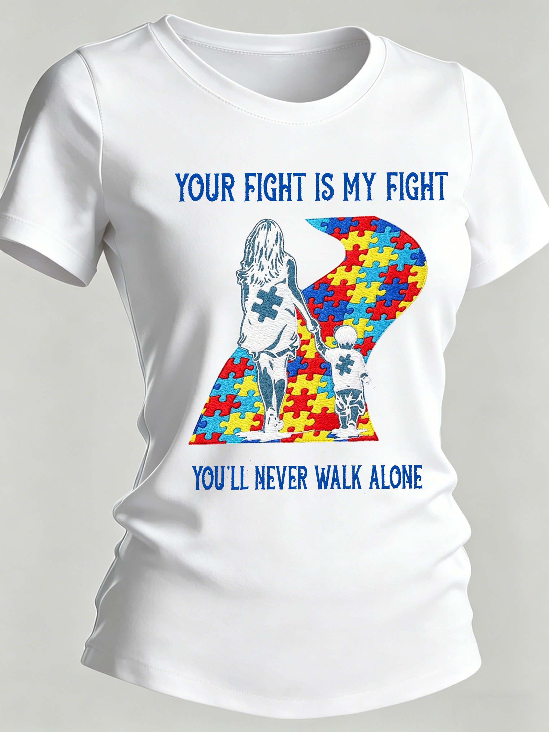 Women's Autism-Themed Printed Casual Crewneck Top