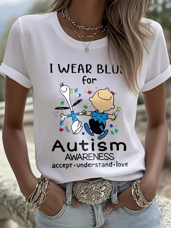 Retro Autism Awareness I Wear Blue For Autism Accept, Understand, Love Print T-Shirt