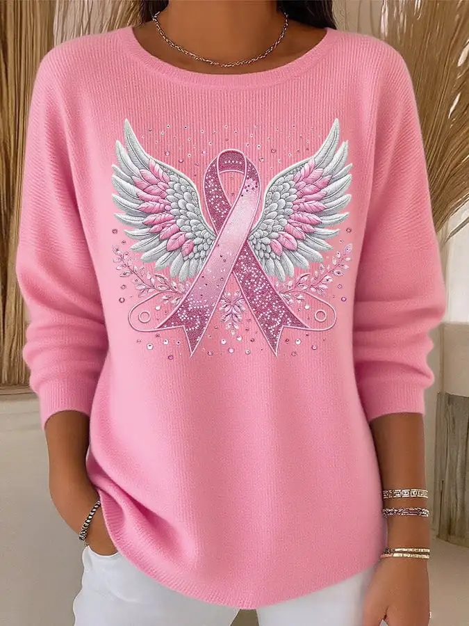 Women's Casual Breast Cancer Pink Ribbon Wings Knit Top