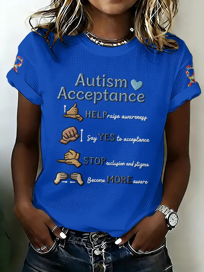 Ladies' Leisure Attention To Autism, Acceptance, Understanding, Love, Public Welfare, Printed Gradient Round Neck T-Shi
