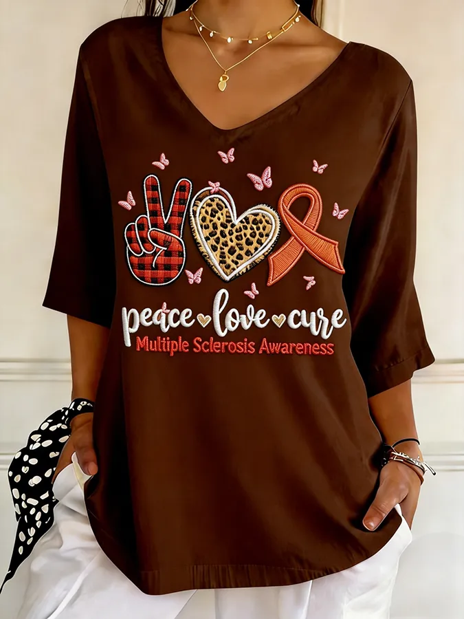 Women's Peace Love Cure Multiple Sclerosis Awareness Embroidered V-Neck T-Shirt Women's Peace Love Cure Multiple Sclero