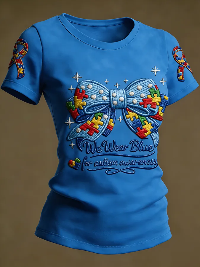 Ladies' Leisure Attention To Autism, Acceptance, Understanding, Love, Public Welfare, Printed Gradient Round Neck T-Shir