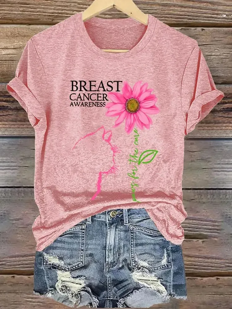 Retro Breast Cancer Awareness Cat Paws For The Cure Print T-Shirt