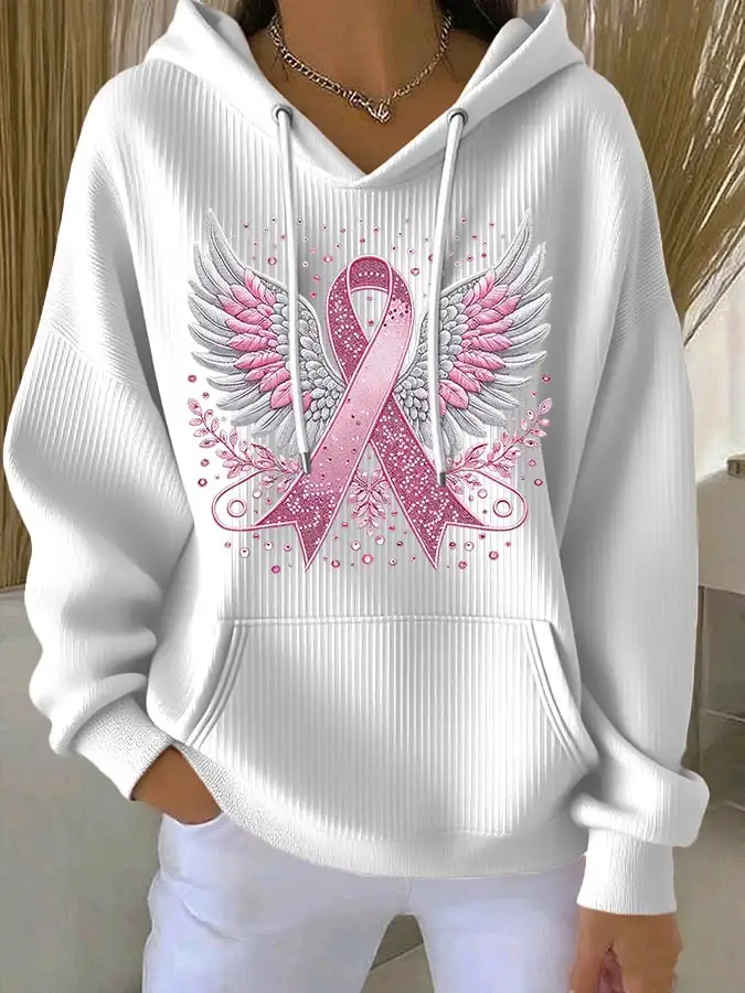 Women's Casual Pink Contrast Ribbon Wings Ribbon Cotton Hoodie