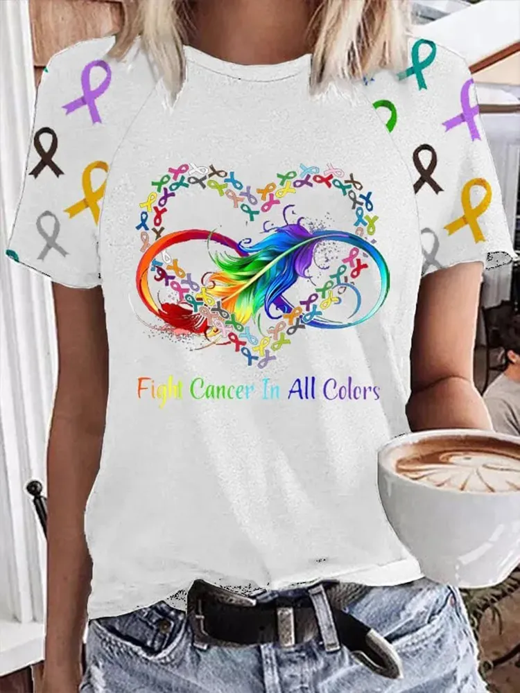 Women's Fight Cancer In All Colors Print Casual Tee Women's Fight Cancer In All Colors Print Casual Tee Women's Fight C