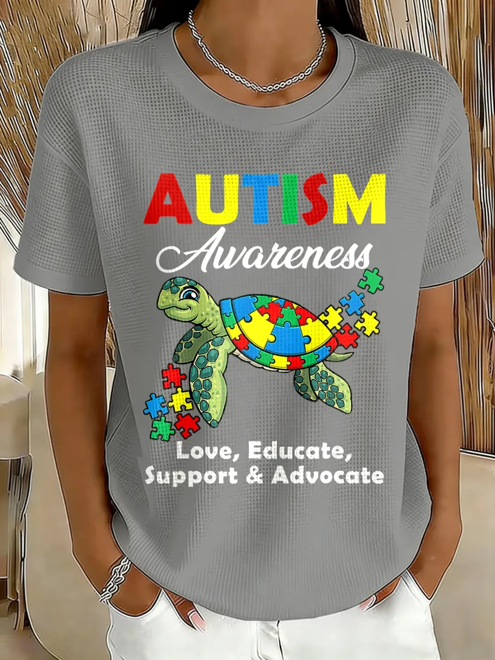 Women's Sea Turtle Autism Awareness Printed Short-Sleeved T-Shirt