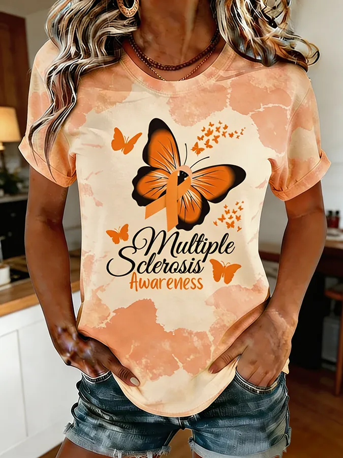 Women's Multiple Sclerosis Awareness Butterfly Ribbon Print Tie-Dye T-Shirt