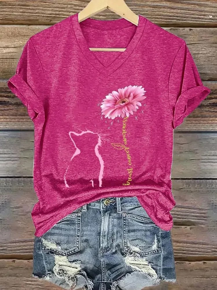 V-neck Retro Breast Cancer Awareness Cat Barberton Daisy Print T-Shirt