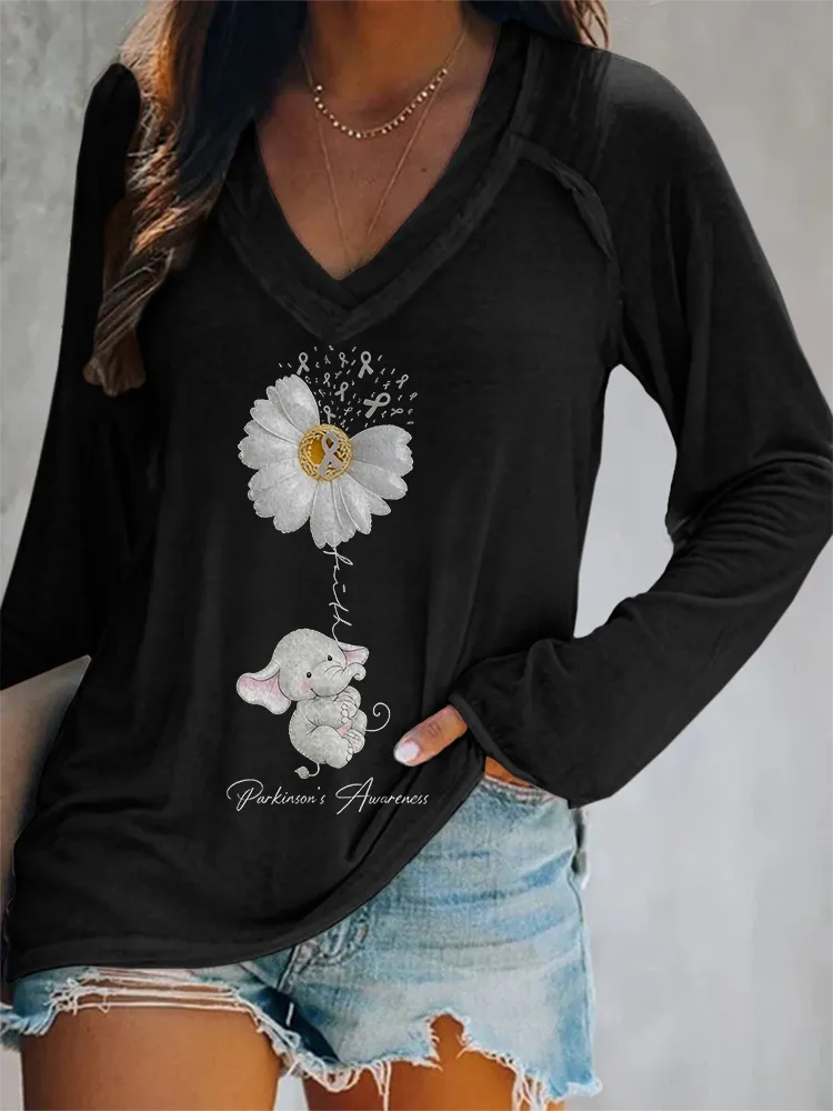 Women'S Casual Attention To Parkinson'S Syndrome Personalized Printed V-Neck Long Sleeved T-Shirt