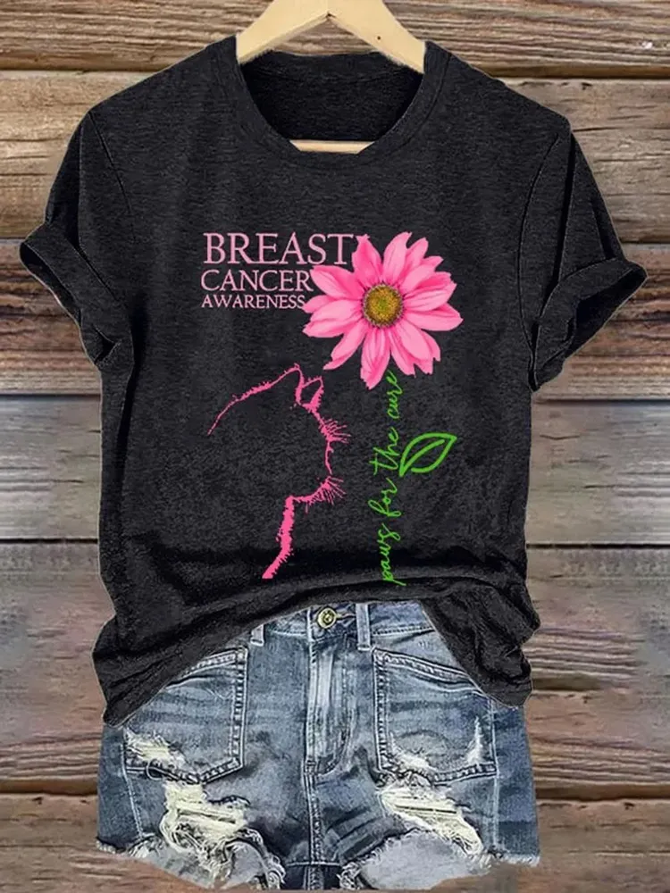 Retro Breast Cancer Awareness Cat Paws For The Cure Print T-Shirt