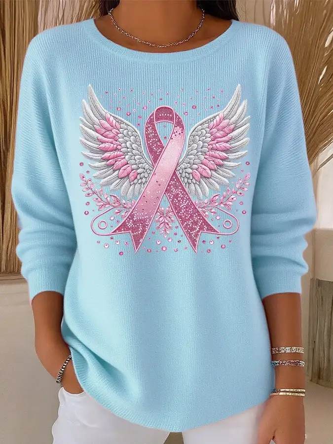 Women's Casual Breast Cancer Pink Ribbon Wings Knit Top