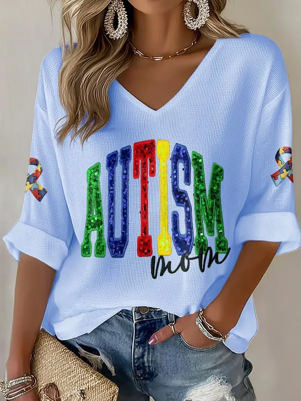 Women's Autism Awareness Print V Neck Top