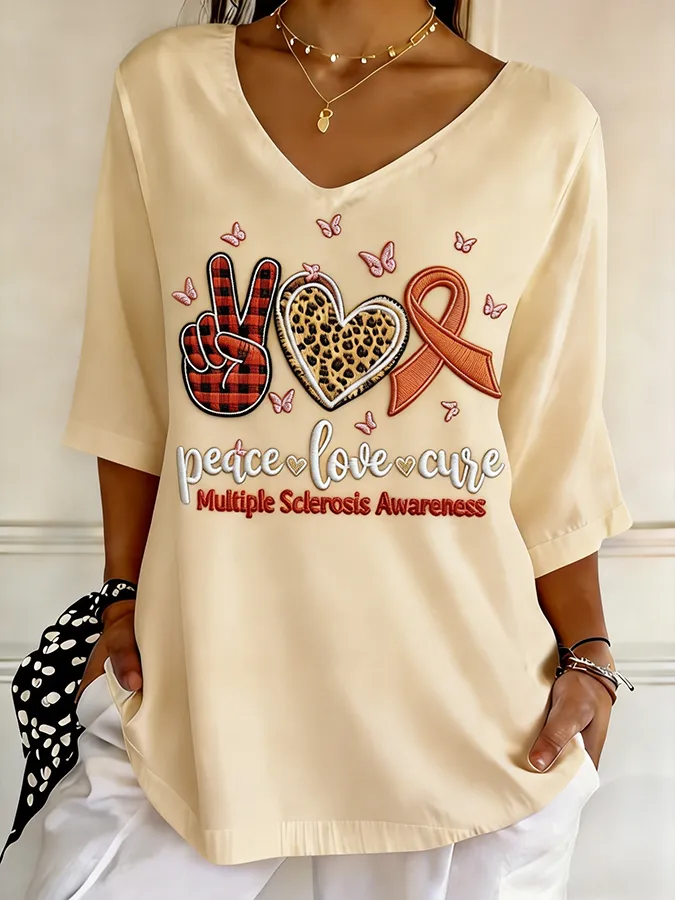 Women's Peace Love Cure Multiple Sclerosis Awareness Embroidered V-Neck T-Shirt Women's Peace Love Cure Multiple Sclero