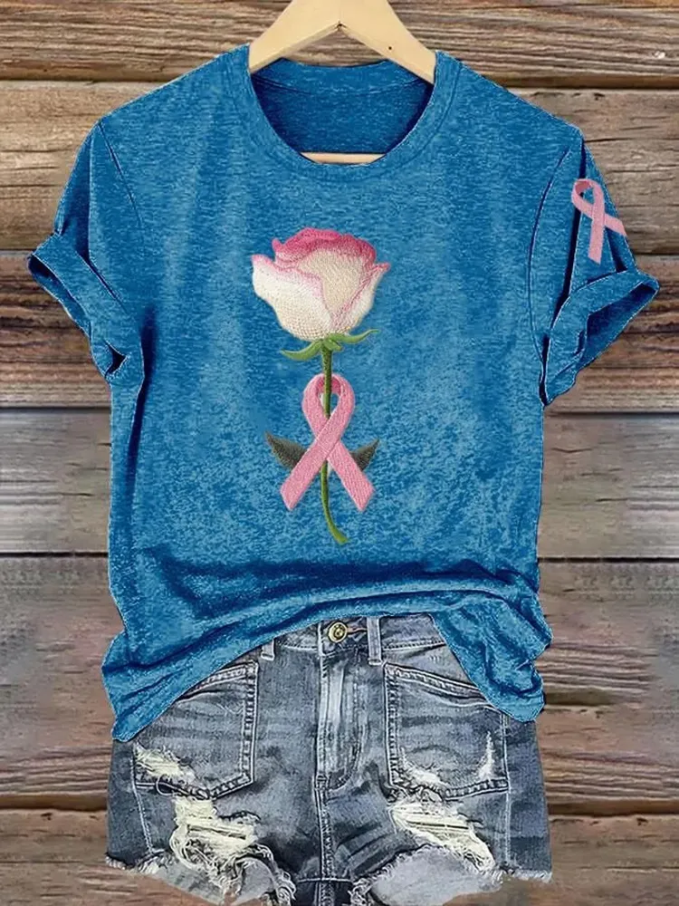 Women's Pink Breast Cancer Floral Print T-Shirt