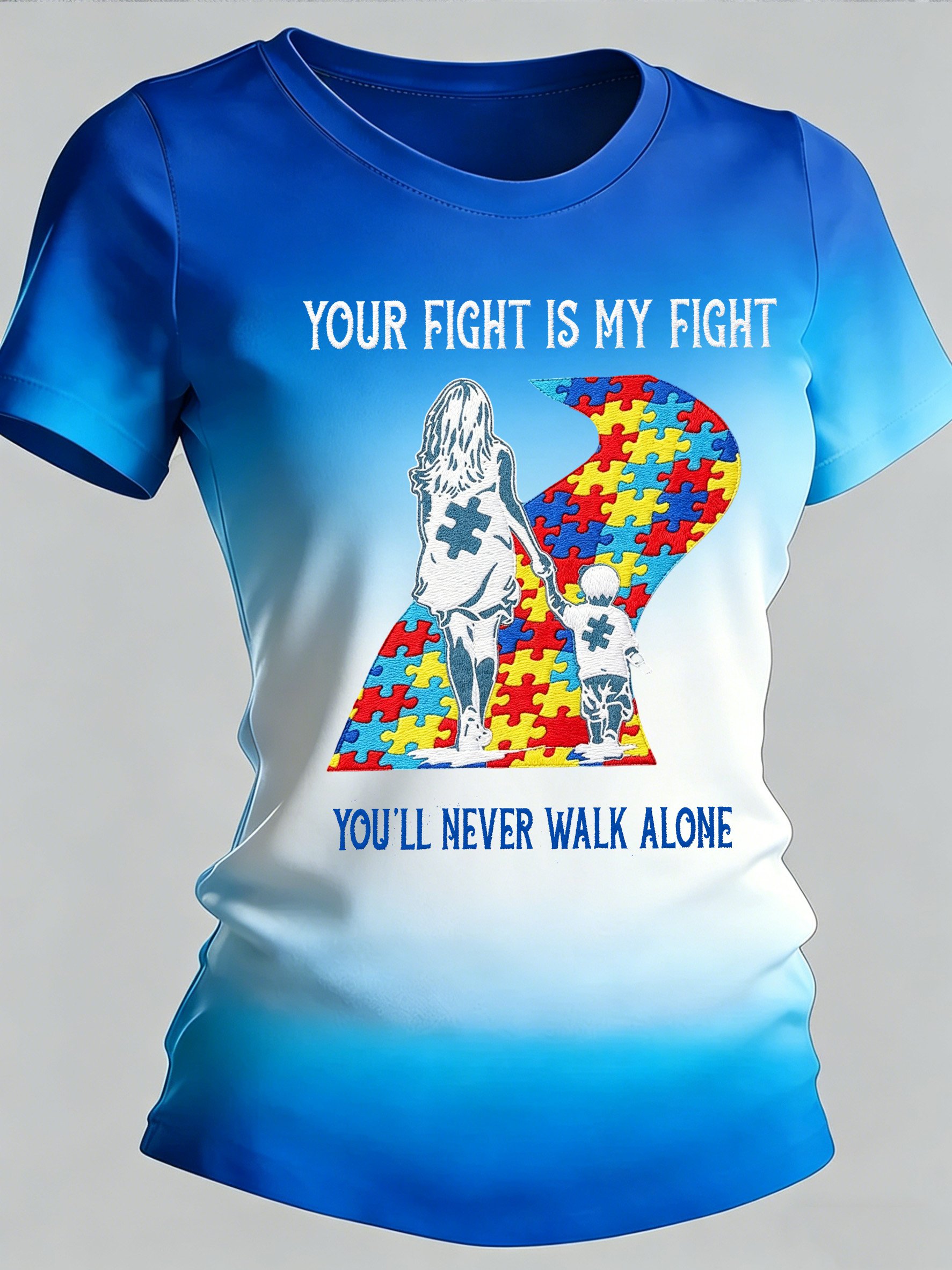 Women's Autism-Themed Printed Casual Crewneck Top